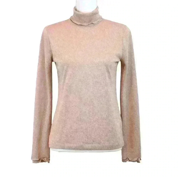 J.Crew Sparkle Pink Rose Gold Turtleneck w/ Lettuce Edge Cuffs & Trim Size Small - Picture 1 of 9